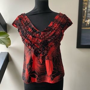 Vintage Red Black Tropical Floral Print Top